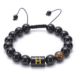 H Natural Black Agate Beaded Bracelet Adjustable Women's Handmade Alphabet Stone Strand Jewelry