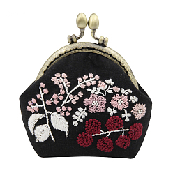 Black DIY Plants Pattern Kiss Lock Coin Purse Embroidery Kit, Including Embroidered Fabric, Embroidery Needles & Thread, Metal Purse Handle, Plastic Embroidery Hoop, Black, 85mm
