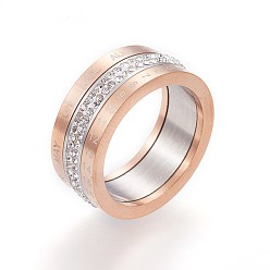 Rose Gold & Stainless Steel Color Rotatable 304 Stainless Steel Spinner Rings, Wide Band Rings, with Polymer Clay Rhinestone, Number & Month, Rose Gold & Stainless Steel Color, Size 6~10, 16~20mm
