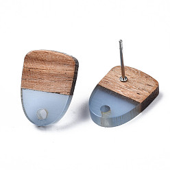 Light Steel Blue Transparent Resin & Walnut Wood Stud Earring Findings, with 304 Stainless Steel Pin and Hole, Two Tone, Half Oval, Light Steel Blue, 15x11mm, Hole: 1.8mm, Pin: 0.7mm