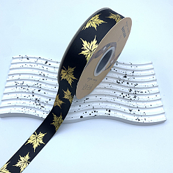 Black 48 Yards Thanksgiving Day Polyester Satin Ribbons, Gold Stamping Maple Leaf, Black, 1 inch(25mm), about 48.00 Yards(43.89m)/Roll