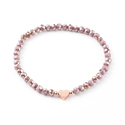 Plum Electroplate Faceted Round Glass Beaded Bracelets, with Brass Heart Beads, Rose Gold, Plum, Inner Diameter: 2-3/8 inch(6cm)