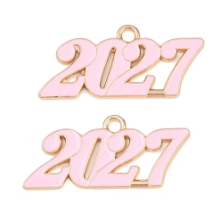 Pink Подвески из эмали и сплава, число 2027 прелести, золотые, розовые, 18x38x1.5 мм, отверстие : 2.5 мм