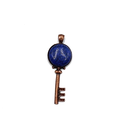 Lapis Lazuli Natural Lapis Lazuli Dyed Big Pendants, Red Copper Plated Alloy Key Charms, 62x22mm