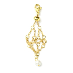 Golden 304 Stainless Steel Cable Chains Macrame Pouch Empty Stone Holder Pendant Decoration, with Round Shell Pearl Bead, Golden, 75mm