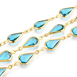 Темно-бирюзовый Латунные цепочки с каплевидными звеньями, со стеклом, пайки, с катушкой, долговечный, золотые, темные бирюзовый, 16.5x7x2.5~3 мм, около 32.81 футов (10 м) / рулон