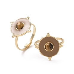 Tigerauge Flacher runder Manschettenring mit natürlichem Tigerauge und Emaille, Echter, vergoldeter Edelstahlschmuck für Damen, Ionenplattierung (IP), us Größe 24 304 (7 mm)