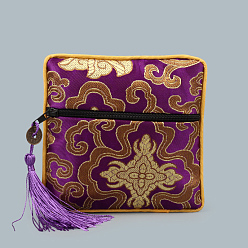 Purple Chinese Style Square Cloth Zipper Pouches, with Random Color Tassels and Auspicious Clouds Pattern, Purple, 12~13x12~13cm