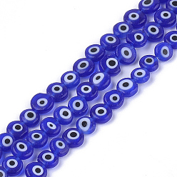 Blue Handmade Evil Eye Lampwork Beads Strands, Flat Round, Blue, 6x2.5mm, Hole: 1mm, about 64~65pcs/strand, 14.1 inch~14.5 inch
