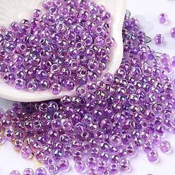 Purple 6/0 Glass Seed Beads, Inside Colours, Round, Transparent Colours Rainbow, Purple, 4x3mm, Hole: 1.2mm, about 6925pcs/pound