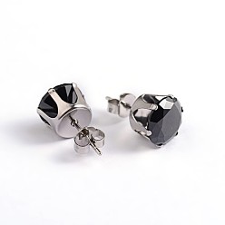 Black Round Cubic Zirconia Stud Earrings, with 304 Stainless Steel Pins, Black, 4mm, Pin: 0.9mm