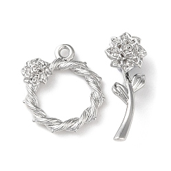 Real Platinum Plated Brass Toggle Clasps, Flower, Real Platinum Plated, Ring: 18x16x4mm, Bar: 7x22x7.5mm, Hole: 1.5mm