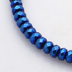 Blue Plated Electroplate Non-magnetic Synthetic Hematite Beads Strands, Faceted Rondelle, Blue Plated, 4x3mm, Hole: 1mm, about 141pcs/strand, 15.7 inch