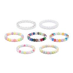 Mixed Color 7Pcs 7 Color Candy Color Acrylic Round Beaded Stretch Bracelets Set, Stackable Bracelets for Kid, Mixed Color, Inner Diameter: 1-7/8 inch(4.8cm), Beads: 8mm, 1Pc/color