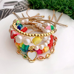 Mixed Color 5Pcs 5 Style Rainbow Color Pride Flag Natural Pearl & Polymer Clay Fruit & Heishi Braided Bead Bracelets Set, Alloy Coffee Bean Link Bracelets with Heart Charm for Women, Mixed Color, 11 inch(28cm), 1Pc/style