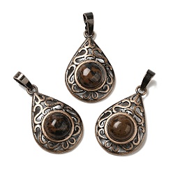 Красный Обсидиан Натурального красного дерева обсидиана подвески, латунные подвески-капли, Красная медь, без свинца и без кадмия, 30x19.5x7.5 мм, отверстие : 5x8 мм