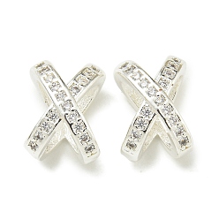 Серебро Буква x стойка покрытие латунь микропаве кубический цирконий европейские бусины, бусины с большим отверстием, долговечный, без свинца и без кадмия, серебряные, 10.5x7.5x6.5 мм, отверстие : 4 мм