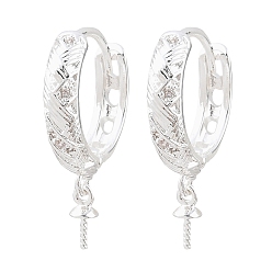 Plata Micro pavé de latón, circonita cúbica transparente, pendientes de aro huggie, por medio perforó perlas, chapado en rack, larga duración plateado, plata, 22x14.5x3.5 mm
