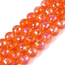 Orange Red Transparent Glass Beads Strands, Round, Faceted(96 Facets), AB Color Plated, Orange Red, 8mm, Hole: 1~1.2mm, about 67~71pcs/strand, 19.29~20.87 inch(49~53cm)