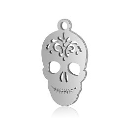 Stainless Steel Color 304 Stainless Steel Pendants, Sugar Skull, For Mexico Holiday Day of the Dead, Stainless Steel Color, 18x10.5x0.8mm, Hole: 1mm