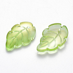 Lawn Green Two Tone Transparent Spray Painted Glass Pendants, with Glitter Powder, Leaf, Lawn Green, 23.5x15x3.5mm, Hole: 1.5mm