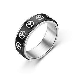 Black Peace Sign Titanium Steel Rotating Finger Ring, Fidget Spinner Ring for Calming Worry Meditation, Black, US Size 6(16.5mm)