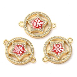 Red Rack Plating Brass Micro Pave Clear Cubic Zirconia Ring with Star Links Connector Charms, with Enamel & Shell, Real 18K Gold Plated, Long-Lasting Plated, Lead Free & Cadmium Free, Red, 18x24x4mm, Hole: 2mm