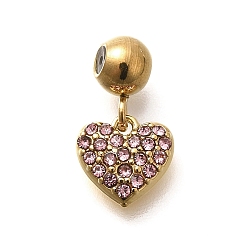 Розовый 304 из нержавеющей стали амулеты горный хрусталь, ионное покрытие (ip), реальный 14 k позолоченный, сердце прелести, светло-розовый, 7.5x8x2.5 мм, отверстие : 0.8 мм