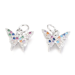 Платинированный Латунные микро проложить кубического циркония прелести, бабочка с прыжковыми кольцами, Реальная платина, 11x12x2 мм, отверстие : 4 мм