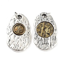 Antique Silver & Antique Golden Brass Pendants, with Jump Ring, Textured, Oval with Chinese Zodiac Charm, Antique Silver & Antique Golden, 27x16x3mm, Hole: 3.5mm