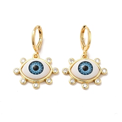 Sky Blue Resin Horse Eye Dangle Leverback Earrings with Cubic Zirconia, Real 18K Gold Plated Brass Jewelry for Women, Sky Blue, 30.5mm, Pin: 1mm
