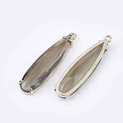 Olive Transparent Glass Pendants, with Brass Findings, Faceted, Teardrop, Light Gold, Olive, 32x8x4mm, Hole: 1.2mm