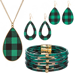 Mixed Color Tartan Pattern Imitation Leather Teardrop Pendant Necklace & Dangle Earrings & Multi-Strand Bracelet, Golden Alloy Jewelry Set for Women, Green, 850mm, 78x37mm, 80x39mm, 192mm In Diameter