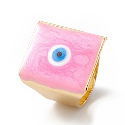 Pearl Pink Square Enamel with Evil Eye Wide Band Finger Rings, Real 18K Gold Plated Brass Adjustable Rings for Women Men, Pearl Pink, 18.5mm, Inner Diameter: 17mm