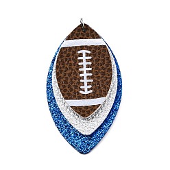 Silver Rugby Ball Pattern Imitation Leather Pendant, with Iron Jump Ring, Triple Leaf, Silver, 65~65.5x34~35x3~4.5mm, Hole: 5mm