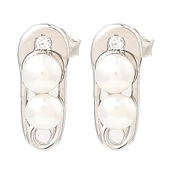 Platinum Rhodium Plated 925 Sterling Silver Safety Pin Shape Stud Earrings, with Natural Pearl Beaded, Platinum, 12x5mm