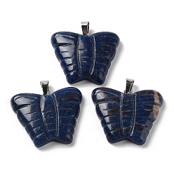 Sodalite Natural Sodalite Carved Pendants, Butterfly Charms with Platinum Plated Brass Snap on Bails, 30x35.5x7mm, Hole: 7x4.5mm