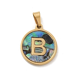 Letter B Vacuum Plating 304 Stainless Steel with Paua Shell Pendants, Golden, Flat Round with Letter Charm, Letter.B, 18x16x1.5mm, Hole: 3x6mm