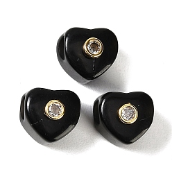 Obsidiana Cuentas europeas de obsidiana natural, corazón cuentas grandes hoyos, con detalles de latón dorado micro pavé de circonita cúbica transparente, 12.5~13x13~14x12~13 mm, agujero: 5.5 mm