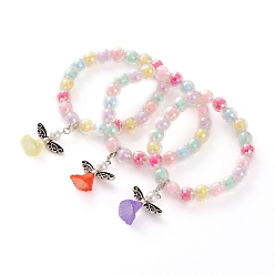Mixed Color Acrylic Guardian Angel Charm Stretch Bracelets for Kids, with Alloy Beads and Lobster Claw Clasps, Bead in Bead, Antique Silver & Platinum, Mixed Color, Inner Diameter: 1-7/8 inch(4.75cm)