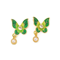 Зеленый Подвески из латуни с кубическим цирконием и искусственным жемчугом из АБС-пластика, бабочка, с эмалью, зелёные, 17x12x5 мм, отверстие : 3 мм