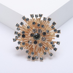 Black Flower Rhinestone Pins, Alloy Brooches for Girl Women Gift, Black, 53x53mm