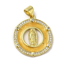 Gold Rack Plating Brass Enamel Clear Cubic Zirconia Pendants, Real 18K Gold Plated, Long-Lasting Plated, Round with Saint, Gold, 23x20x2mm, Hole: 5x3mm