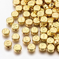 Golden CCB Plastic Beads, Horizontal Hole, Flat Round with Letter, Golden, 7x4mm, Hole: 1.8mm, about 3300pcs/500g