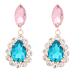 Blue Sparkling Diamond Waterdrop Earrings for Women - Exaggerated European and American Alloy Ear Jewelry with Claw Chain, Perfect for Parties!