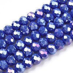Bleu Perles en verre electroplate, couleur unie opaque, de couleur plaquée ab , facette, rondelle, bleu, 4x3mm, Trou: 0.4mm, Environ 123~127 pcs/chapelet, 16.5~16.9 pouce (42~43 cm)
