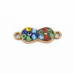 Colorful Alloy Links Connectors, with Glass Seed Beads and Rhinestone, Light Gold, Infinity, Colorful, 22x8x3.5mm, Hole: 1.8mm