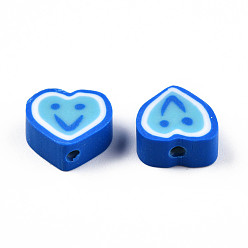 Blue Handmade Polymer Clay Beads, Heart with Smiling Face Pattern, Blue, 7~10x8~10.5x4~5mm, Hole: 1.5mm