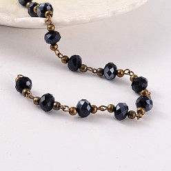 Black Handmade Glass Beaded Chains for Necklaces Bracelets Making, with Brass Beads and Brass Eye Pin, Unwelded, Black & Pearl Luster Plated, 39.3 inch, 1m/strand