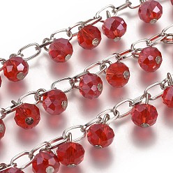 Red Handmade Faceted Rondelle Glass Beads Chains for Necklaces Bracelets Making, with Iron Cross Chains and Eye Pin, Unwelded, Red, 39.3, about 94pcs/strand